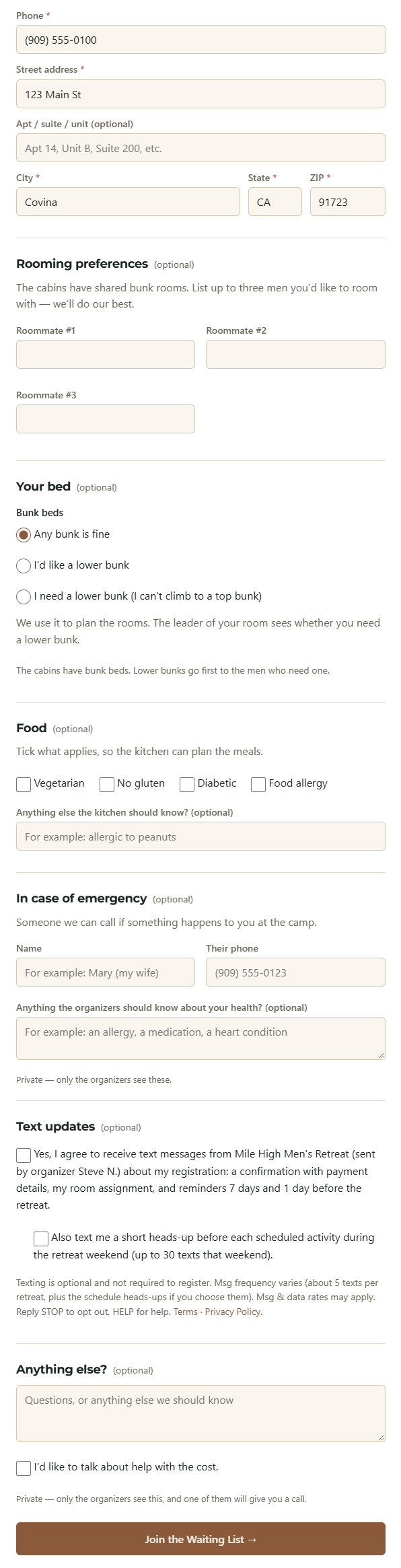 The optional Text updates boxes on the registration form, unticked, with the texting disclosures
