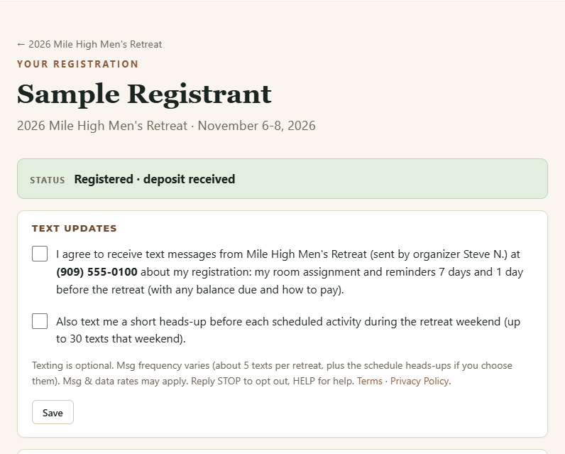 The Text updates boxes on a man's My Registration page, with the same disclosures